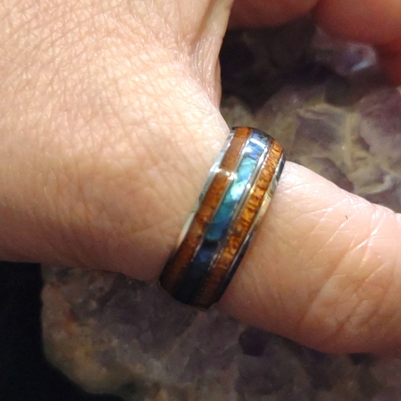 Fire Opal Koa Engagement Wedding Band Ring Unisex - Picture 6 of 6